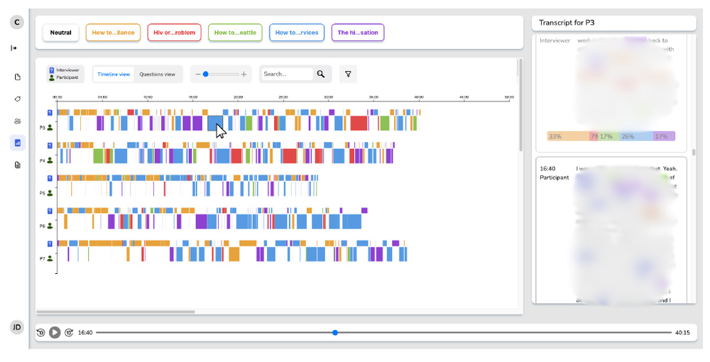 ChromaScribe interface with colored theme timelines, an audio player, and linked transcript panels